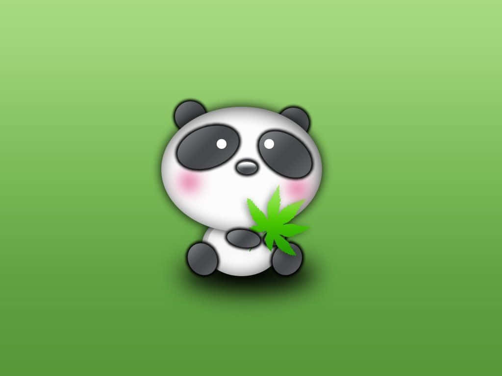 Cute Animals Cartoon 桌布 壁紙 — 一隻可愛的卡通熊貓，臉頰紅潤，在柔和的綠色漸變背景上拿著一片綠葉。