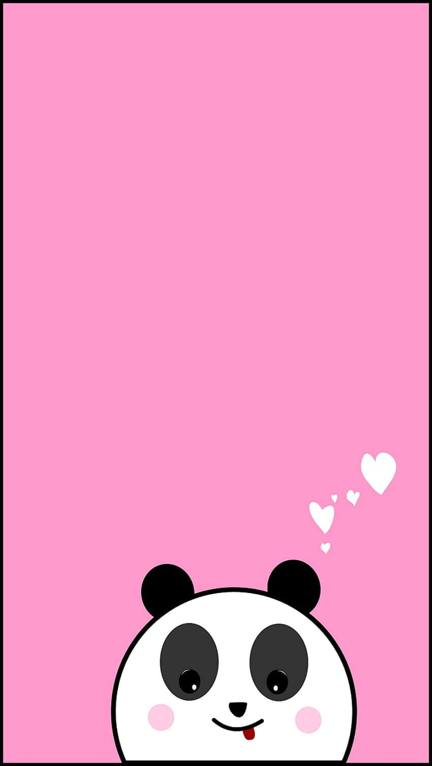 Cute Panda 桌布 壁紙 — 一隻可愛的卡通熊貓，臉頰紅潤，舌頭頑皮地從純粉紅色背景底部伸出，背景上有漂浮的心形。