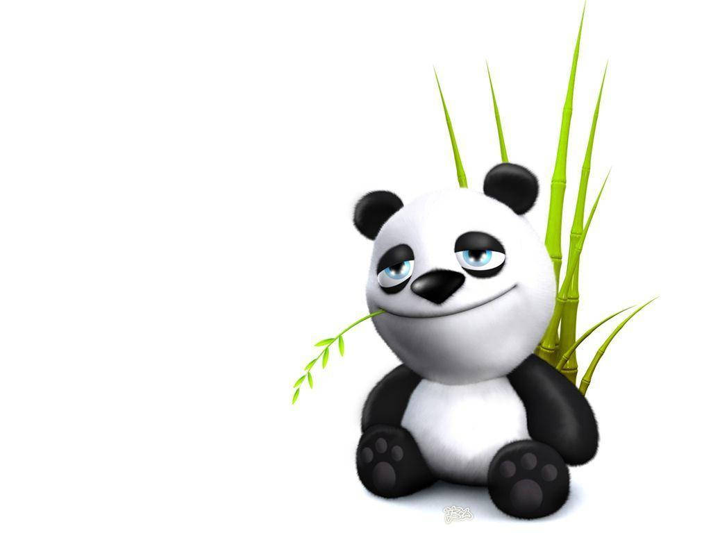 熊貓 桌布 壁紙 — 一隻可愛的卡通熊貓，藍色眼睛，坐在純白色背景前，手持竹莖。