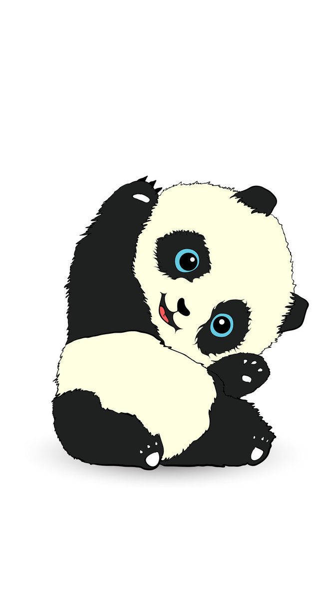 Cute Panda 桌布 壁紙 — 一隻可愛的卡通熊貓，藍色眼睛，坐在純白色背景上擁抱自己。