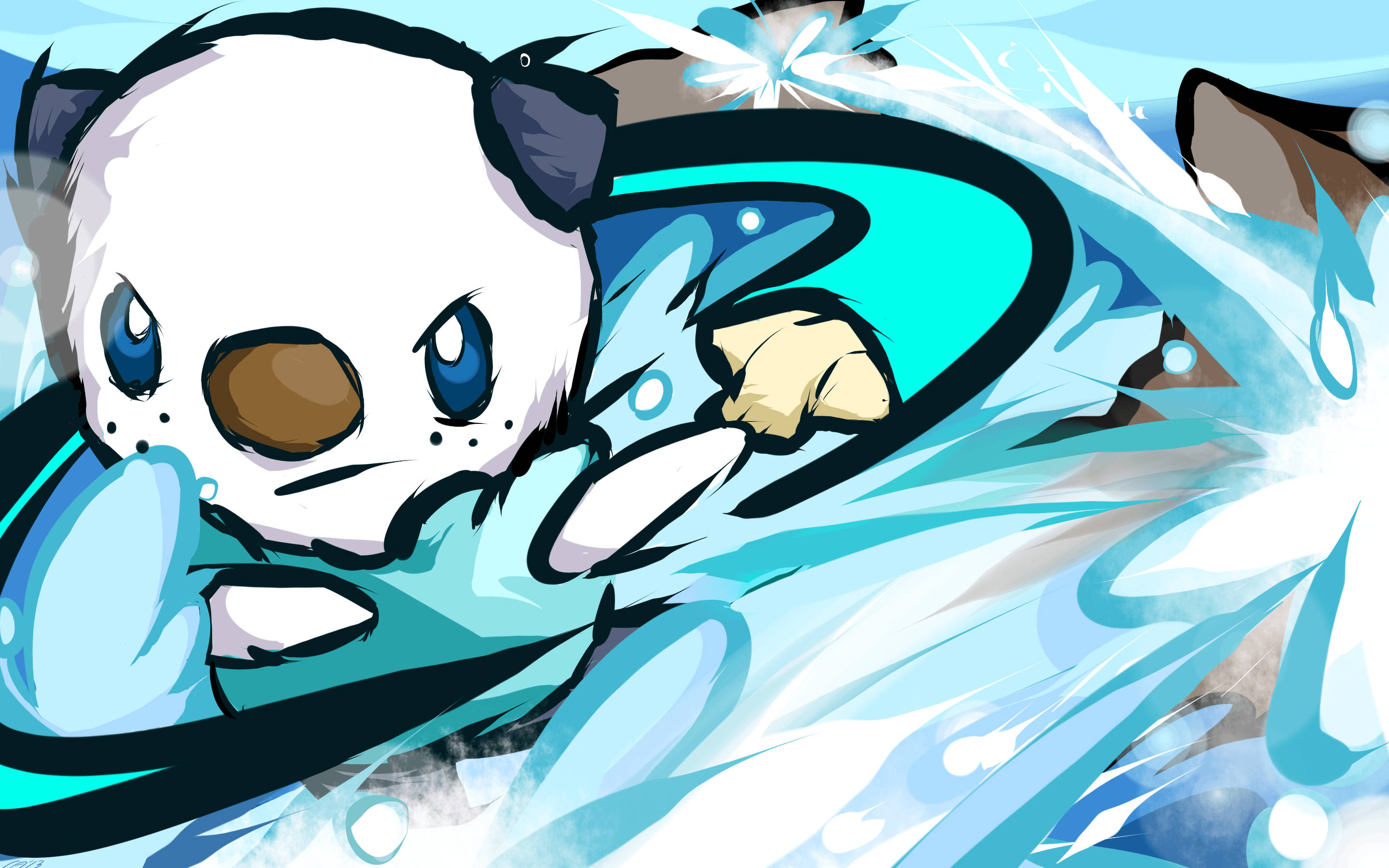 Oshawott 桌布 壁紙 — 一隻可愛的卡通熊貓，藍色眼睛和黑色耳朵，被動態的藍色水花和冰碎片包圍。