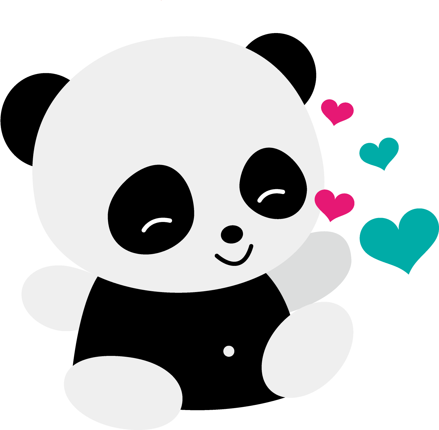 Cute Panda 桌布 壁紙 — 一隻可愛的卡通熊貓，閉著眼睛微笑，被粉紅色和藍綠色的心形環繞，背景為黑色。