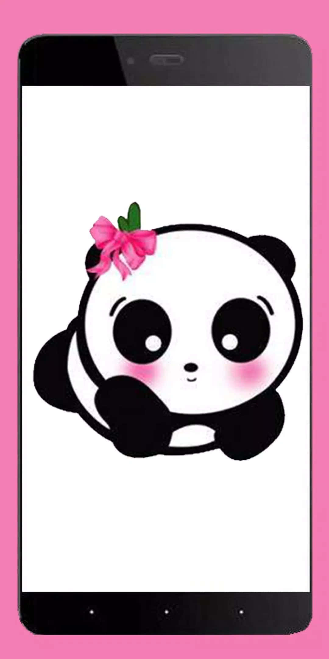 Girly Panda 桌布 壁紙 — 一隻可愛的卡通熊貓，頭上戴著粉紅色蝴蝶結，顯示在粉紅色背景的智慧型手機螢幕上。