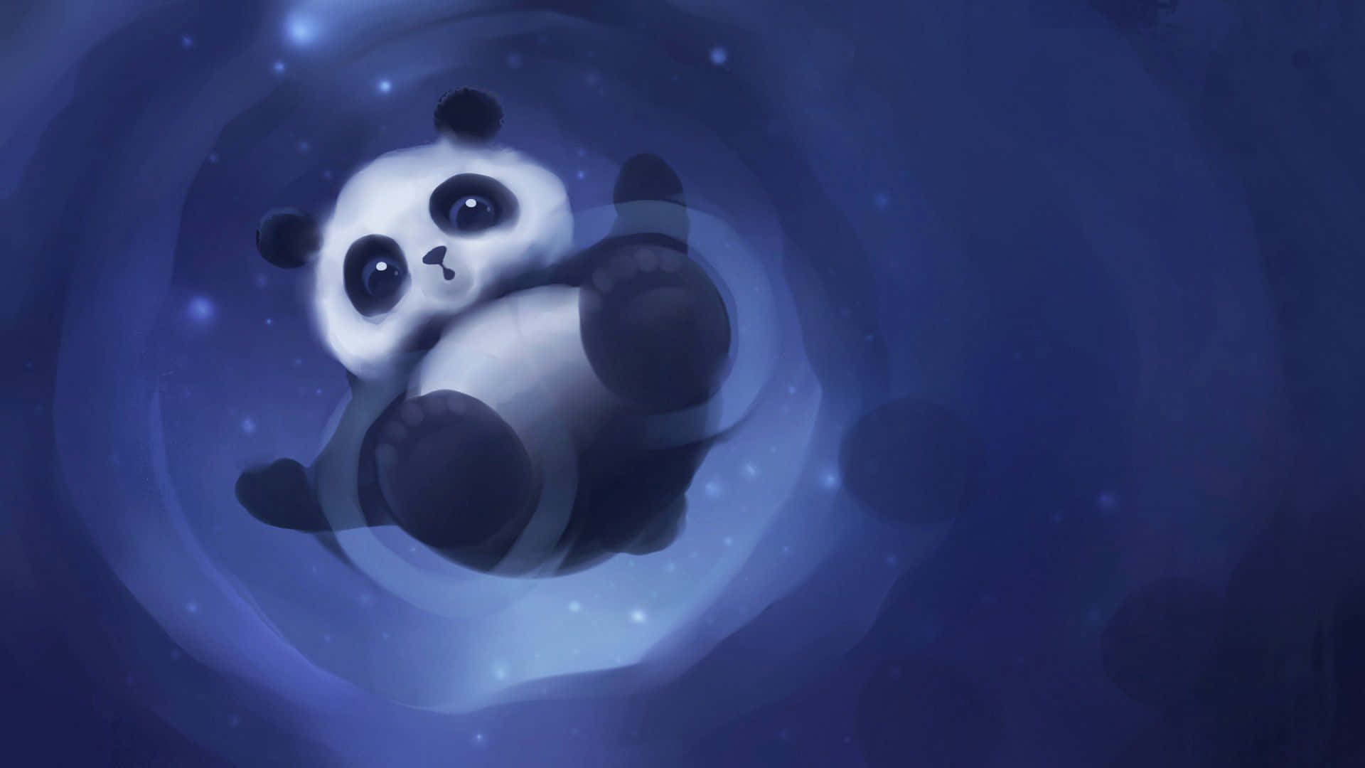 Kawaii Panda 桌布 壁紙 — 一隻可愛的卡通熊貓在一個點綴著星星的旋轉藍色宇宙漩渦中平靜地漂浮。