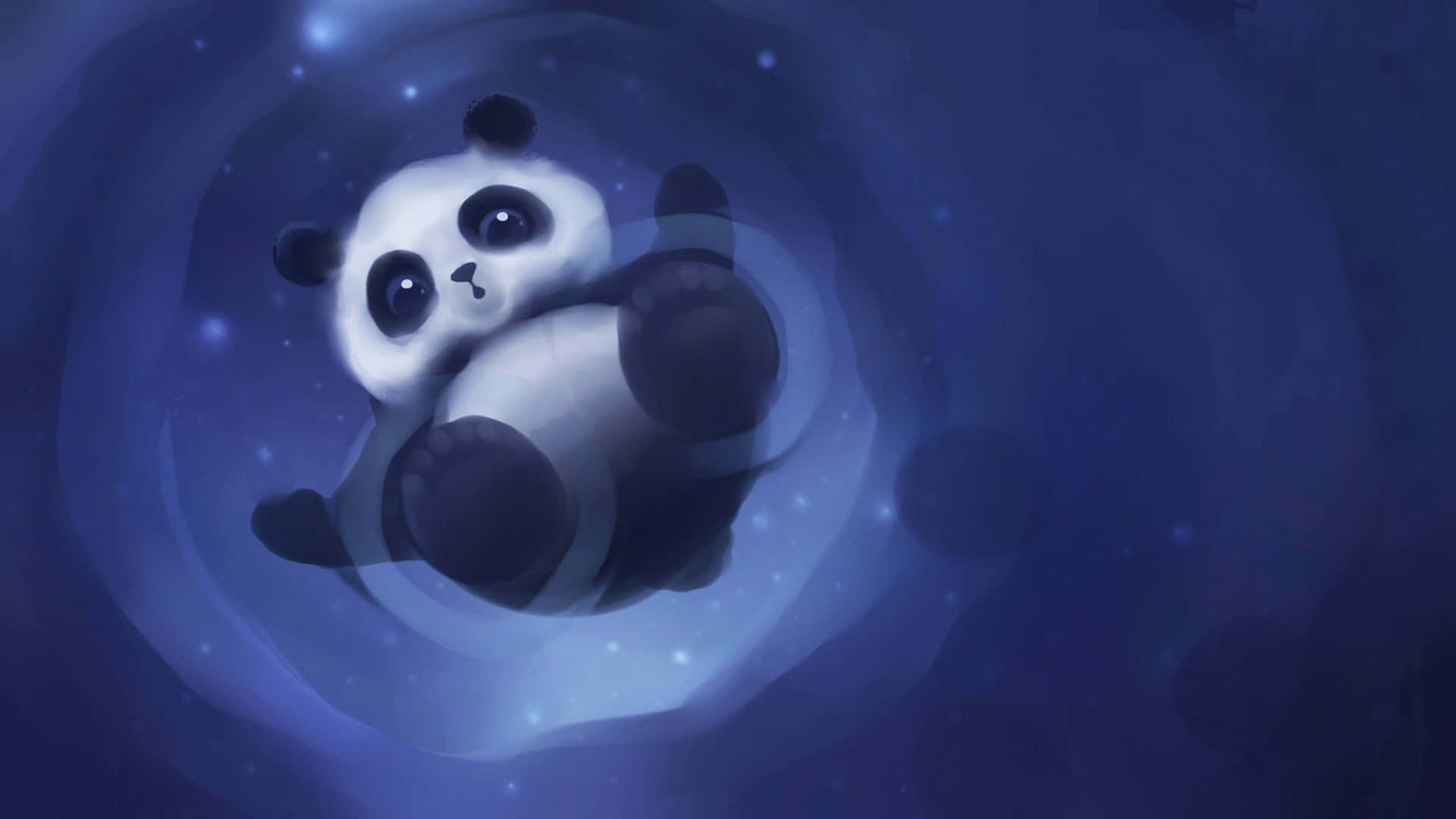 熊貓 桌布 壁紙 — 一隻可愛的卡通熊貓在一個點綴著閃爍星星的旋轉藍色宇宙隧道中平靜地漂浮。