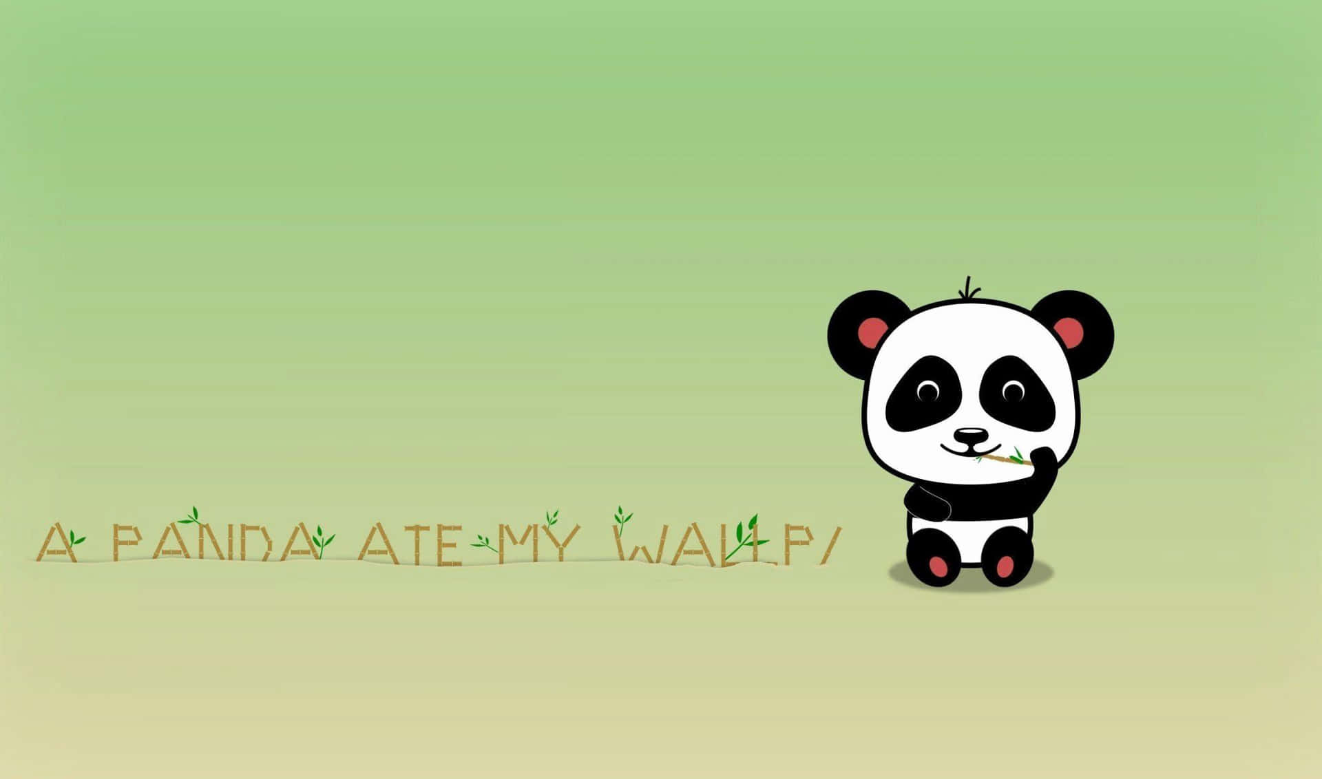 Kawaii Panda 桌布 壁紙 — 一隻可愛的卡通熊貓在柔和的綠色漸層背景上，於文字「A PANDA ATE MY WALLPAPER」旁邊咀嚼竹子。