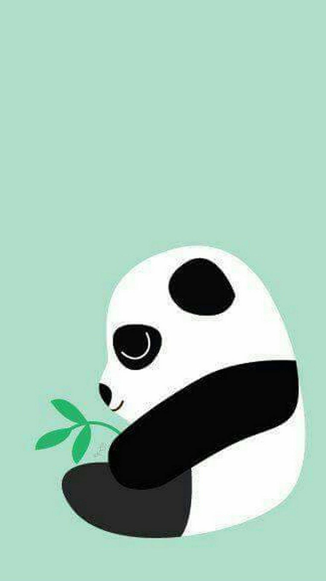 柔和綠 桌布 壁紙 — 一隻可愛的卡通熊貓在柔和的薄荷綠色背景上拿著一根綠色的竹筍。