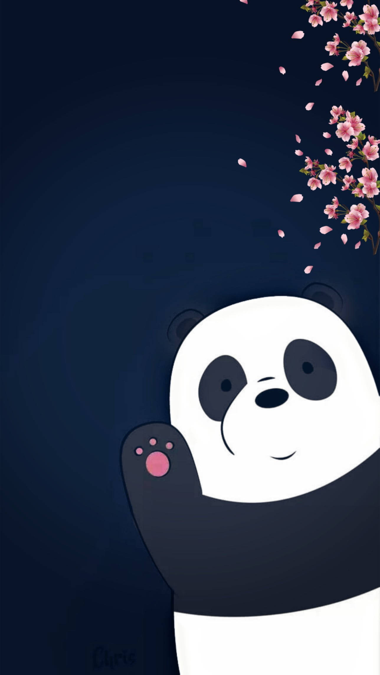 熊熊遇見你 桌布 壁紙 — 一隻可愛的卡通熊貓在深藍色背景上，伴隨著飄落的粉紅色櫻花，愉快地揮手。