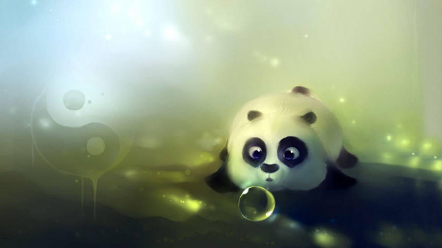 Beautiful Panda 桌布 壁紙 — 一隻可愛的卡通熊貓在神秘的發光薄霧中吹泡泡，附近漂浮著陰陽符號。