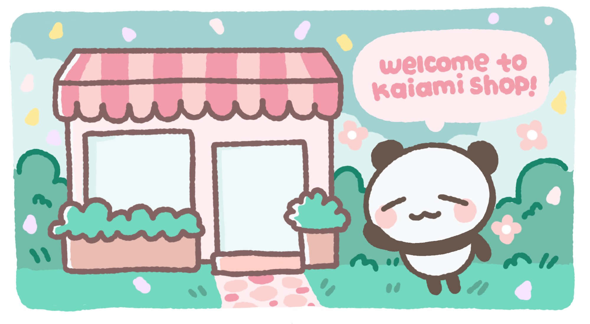 Cute Kawaii Japanese Characters 桌布 壁紙 — 一隻可愛的卡通熊貓在粉彩花園中，以粉紅色條紋遮陽篷和花盆歡迎遊客來到Kaiami Shop。