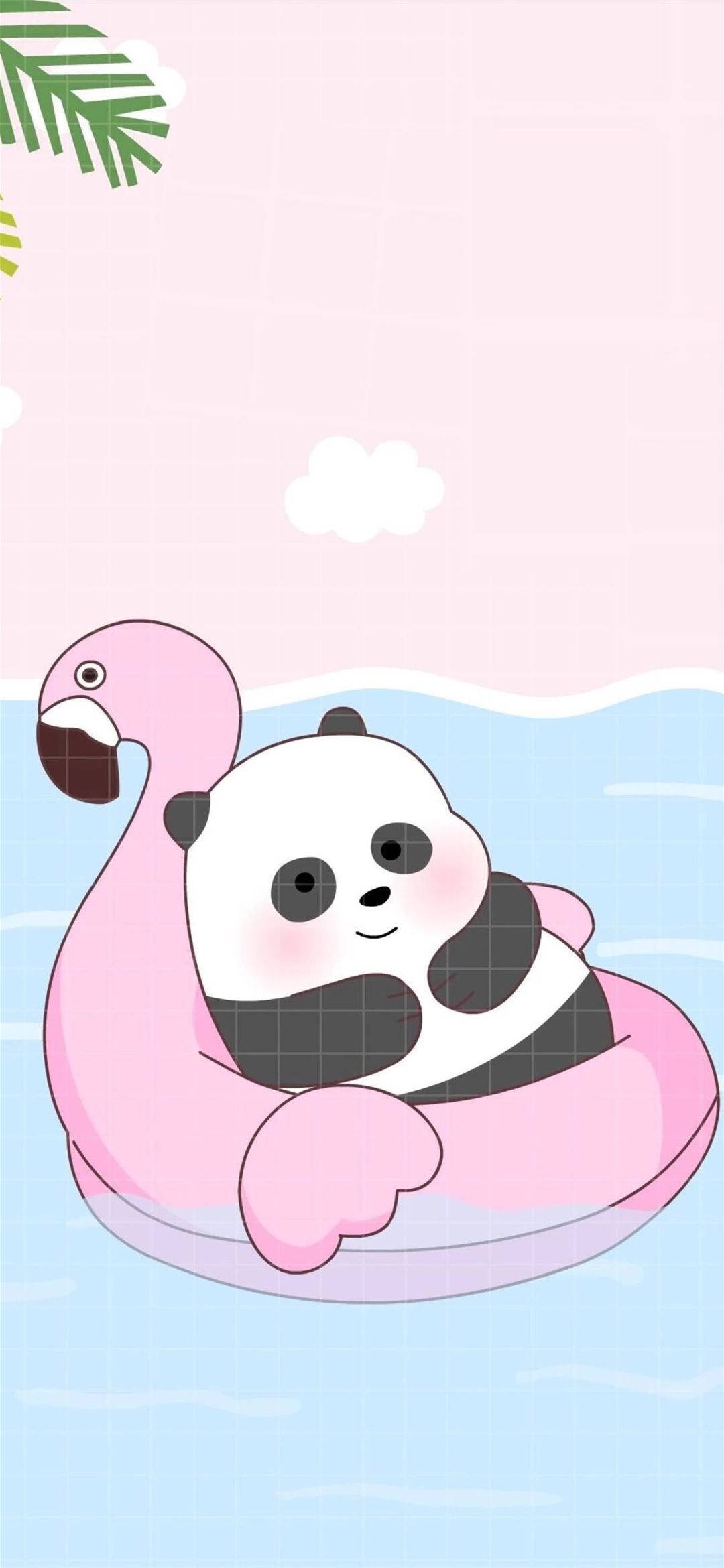 熊熊遇見你 桌布 壁紙 — 一隻可愛的卡通熊貓在粉紅色的火烈鳥泳圈中快樂地漂浮，背景是柔和的粉紅色天空，有棕櫚葉和雲朵。