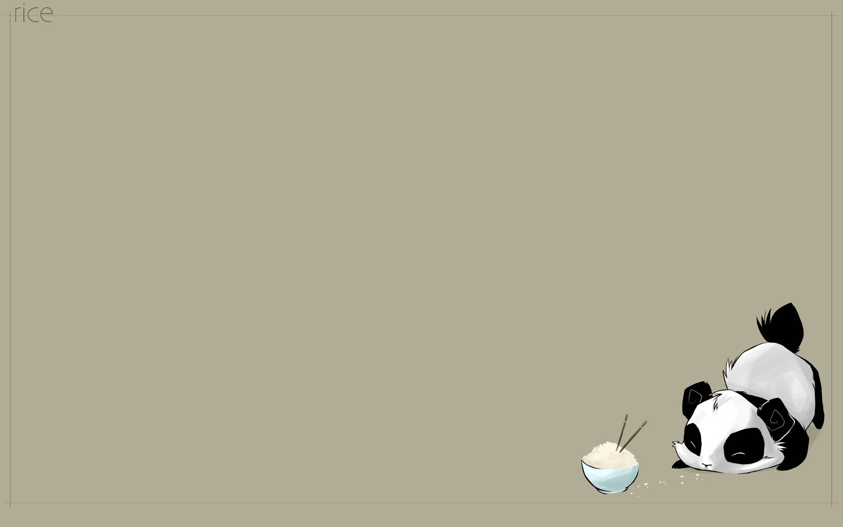 Cute Minimalist 桌布 壁紙 — 一隻可愛的卡通熊貓在純米色背景上，旁邊放著一碗米飯和筷子，正在休息。