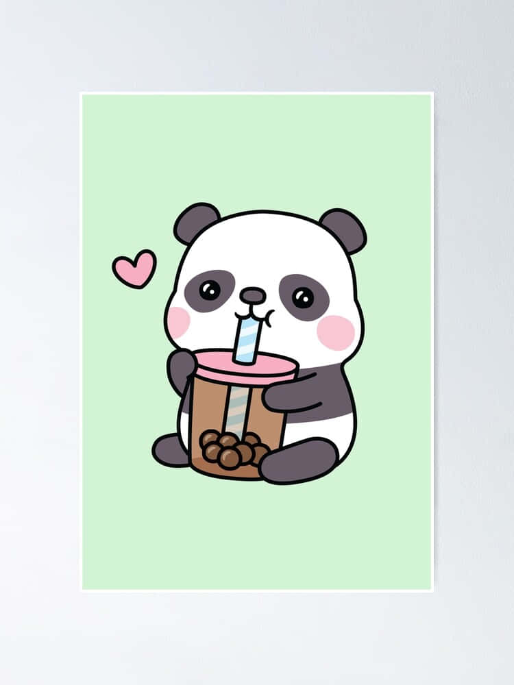 珍珠奶茶 桌布 壁紙 — 一隻可愛的卡通熊貓在薄荷綠色背景上喝著珍珠奶茶，旁邊漂浮著一個粉紅色的愛心。