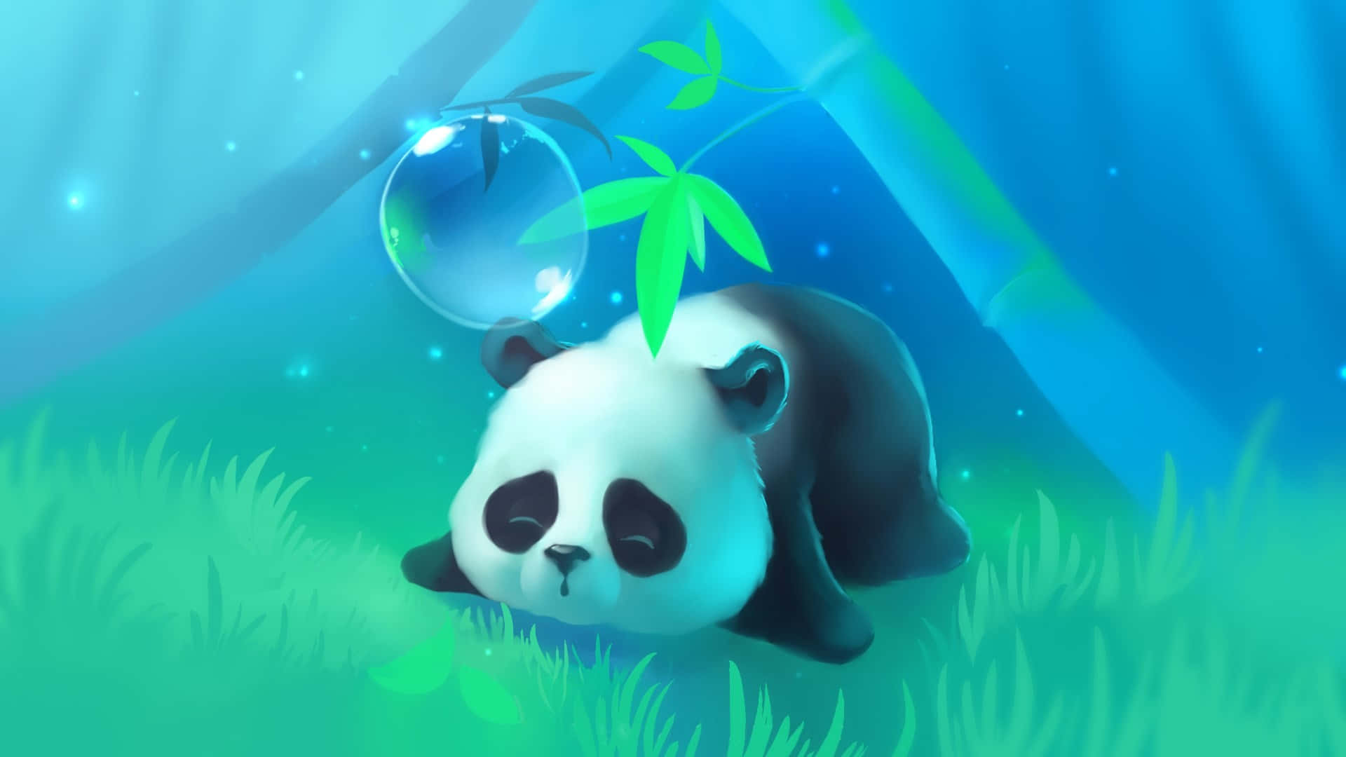 熊貓 桌布 壁紙 — 一隻可愛的卡通熊貓在藍天下發光的綠色草地上平靜地休息，周圍有漂浮的竹子和一個泡泡。