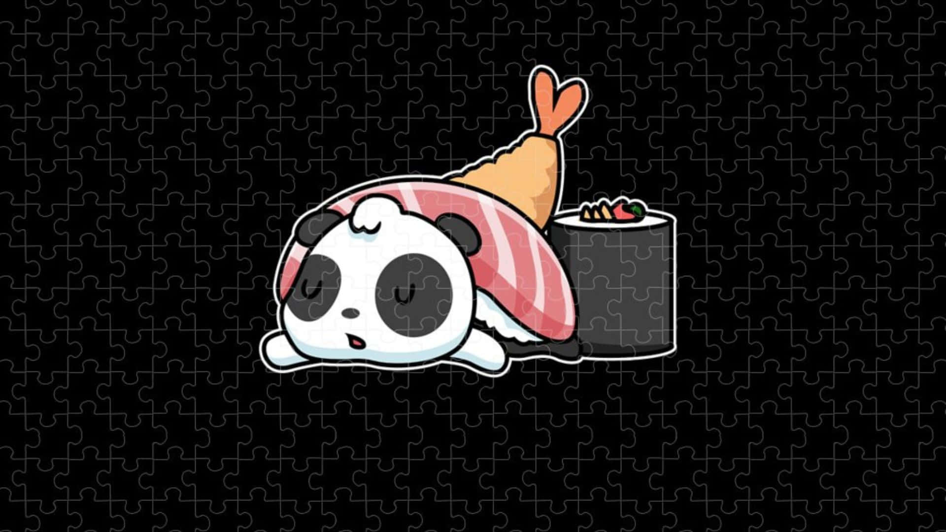 Kawaii Japanese Food 桌布 壁紙 — 一隻可愛的卡通熊貓在黑色拼圖背景上，安詳地睡在壽司卷上。