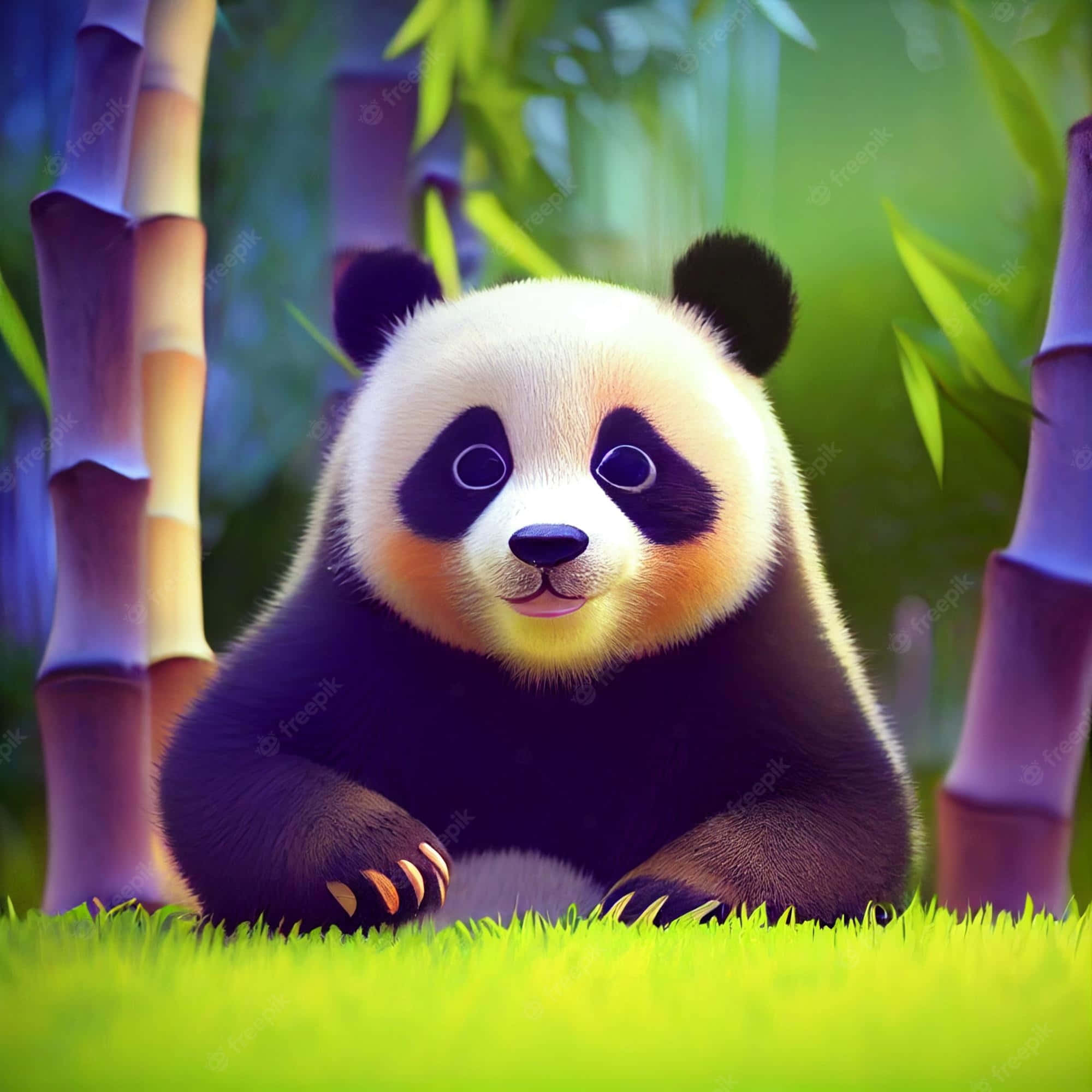 森林 桌布 壁紙 — 一隻可愛的卡通熊貓坐在充滿活力的綠色草地上，周圍是茂密森林中的高大竹莖。