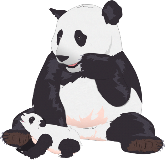可愛熊貓 桌布 壁紙 — 一隻可愛的卡通熊貓坐著，抱著一隻小熊貓，背景是 stark 黑色。