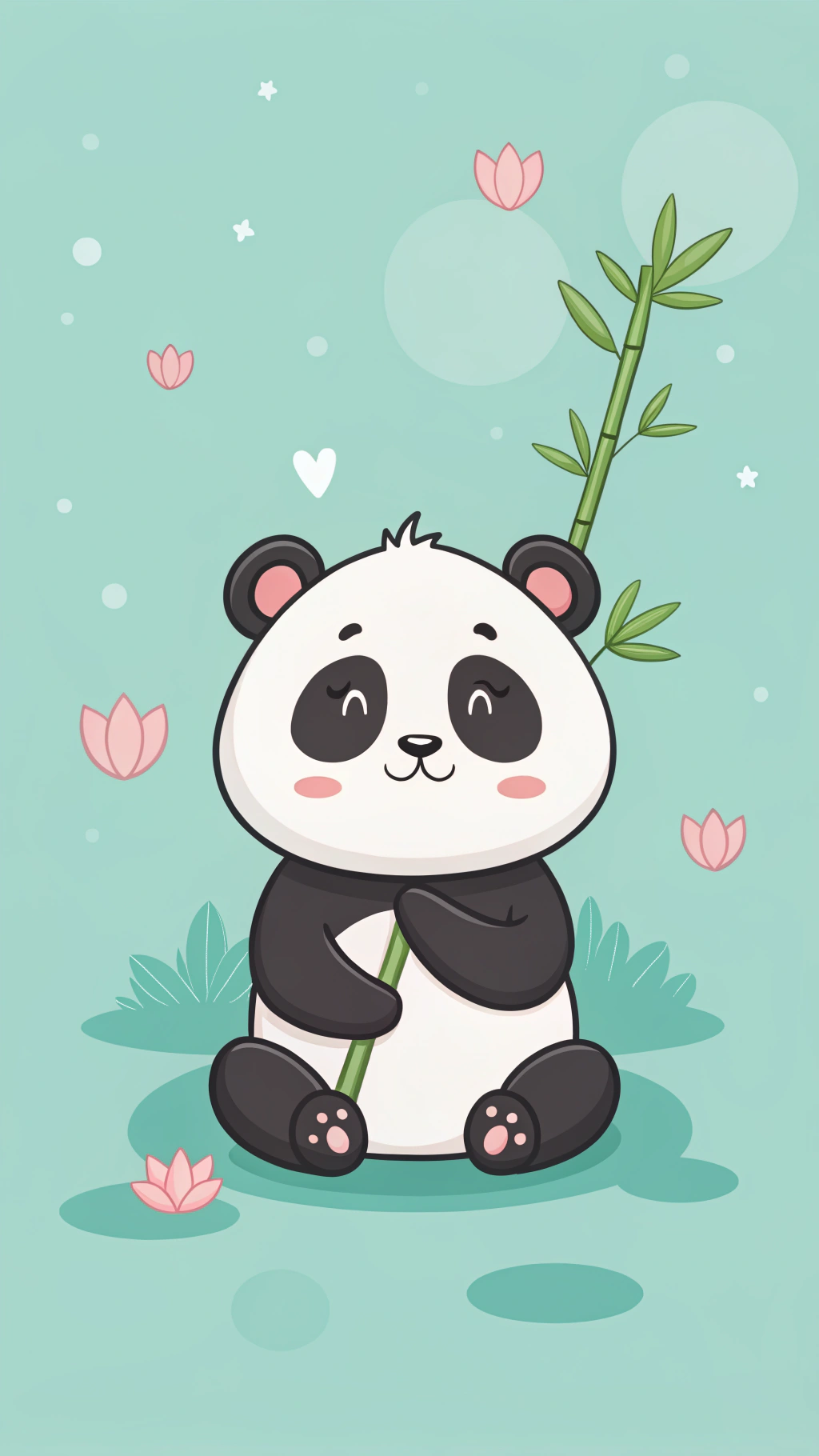 熊貓 桌布 壁紙 — 一隻可愛的卡通熊貓坐著拿著竹子，周圍有粉紅色的蓮花和漂浮的心形，背景是薄荷綠色。