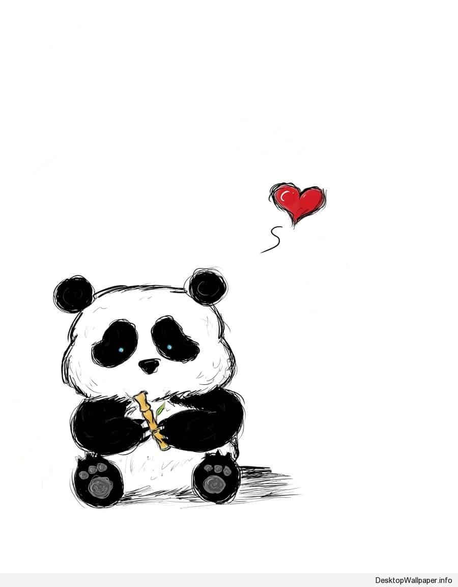 熊貓 桌布 壁紙 — 一隻可愛的卡通熊貓坐著拿著竹子，頭上漂浮著一顆紅心，背景是純白色。