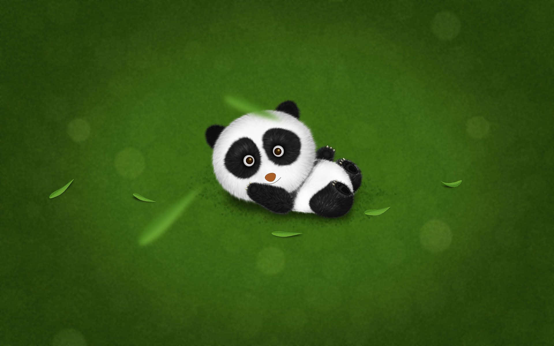 Cute Green 桌布 壁紙 — 一隻可愛的卡通熊貓寶寶蜷縮在柔軟的綠色草地上，周圍散落著樹葉和散景背景。