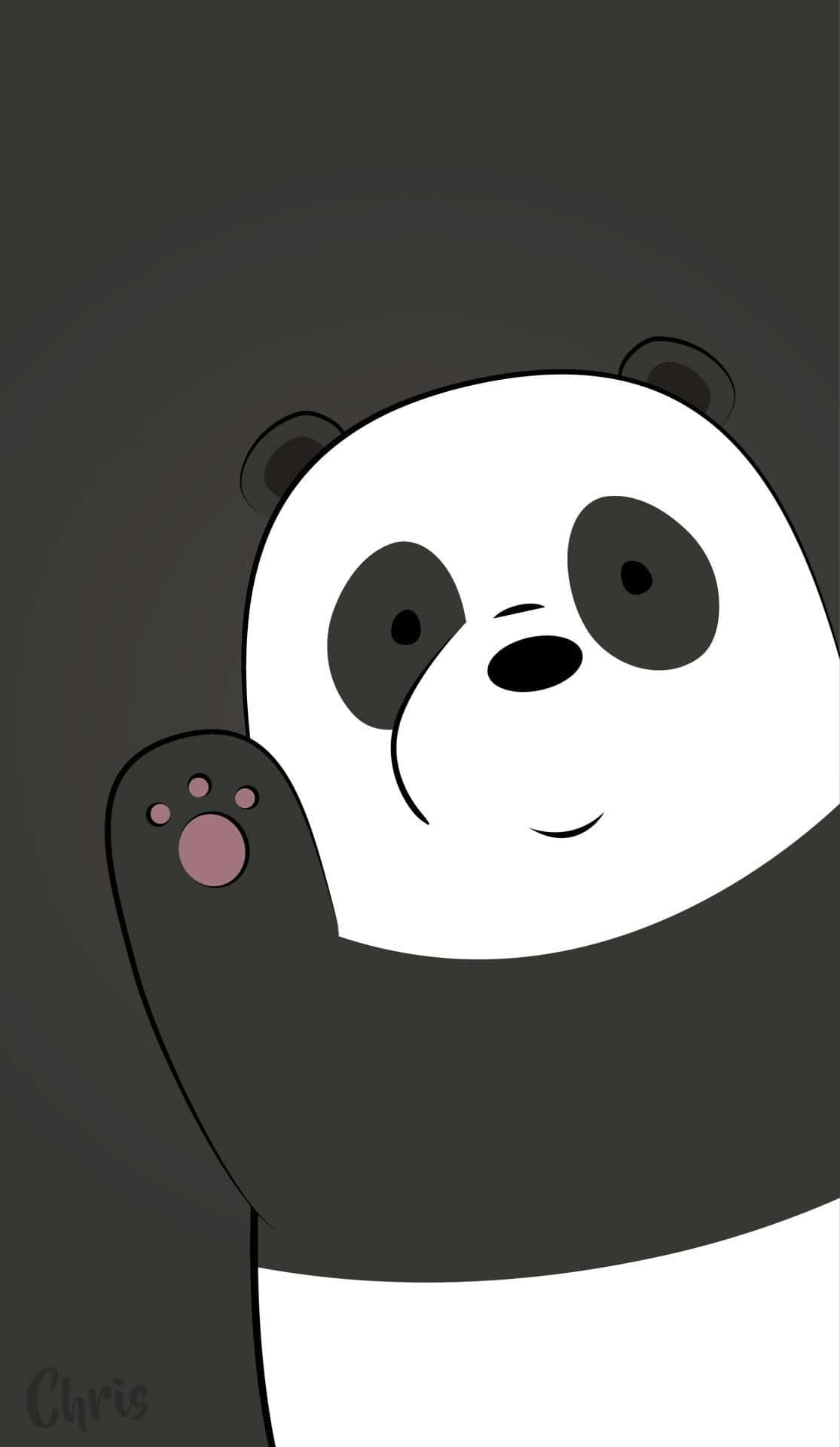 熊貓 桌布 壁紙 — 一隻可愛的卡通熊貓帶著溫柔的微笑，在深灰色背景上揮動爪子。