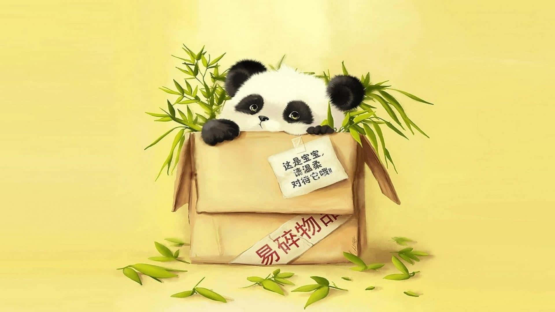 熊貓 桌布 壁紙 — 一隻可愛的卡通熊貓從一個標有易碎的紙箱中探出頭來，周圍是竹葉，背景是柔和的黃色。
