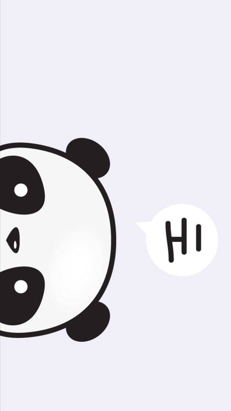  壁紙 — 一隻可愛的卡通熊貓從左邊探出頭來，帶著一個對話框說嗨，背景是柔和的薰衣草色。