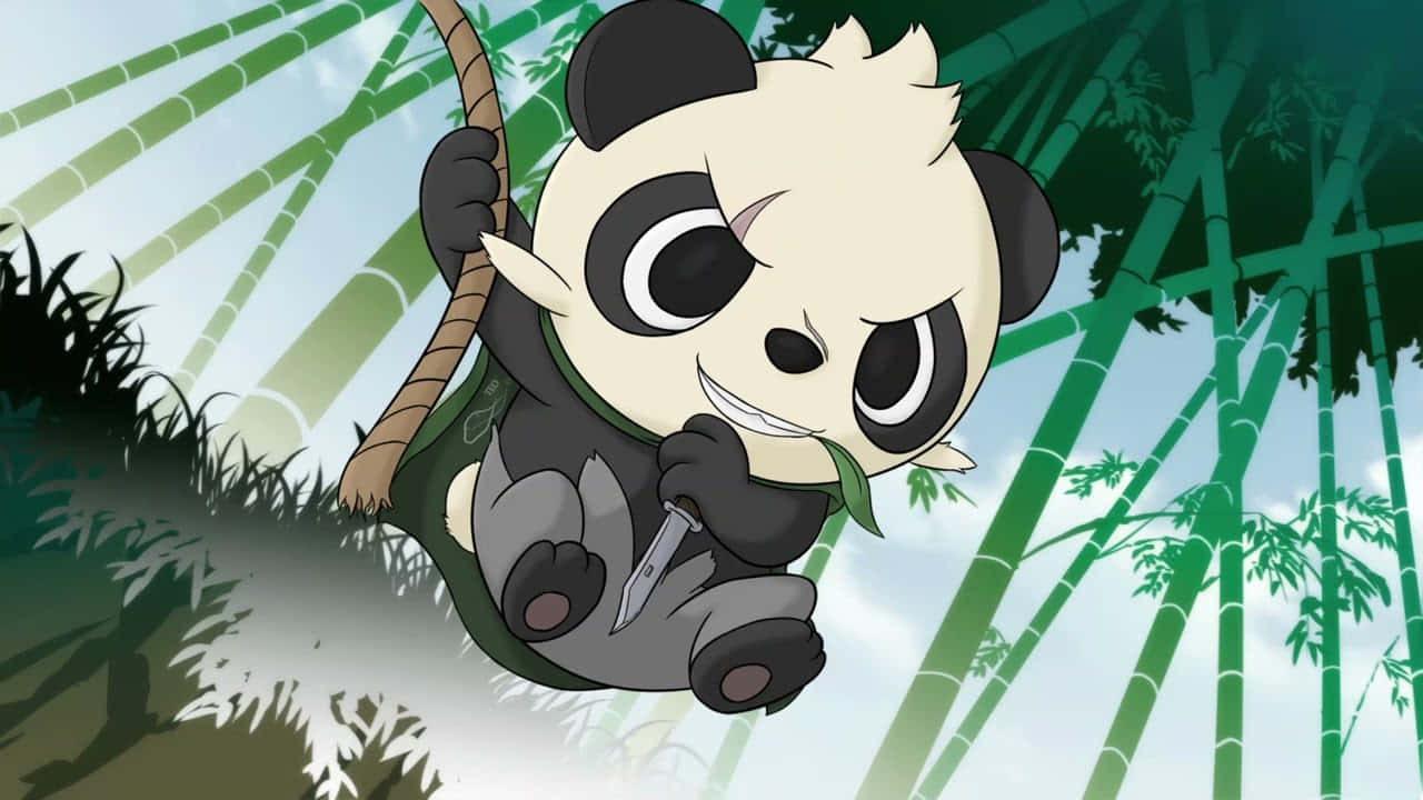桌布 壁紙 — 一隻可愛的卡通熊貓拿著劍，帶著頑皮的笑容在竹林中盪來盪去。