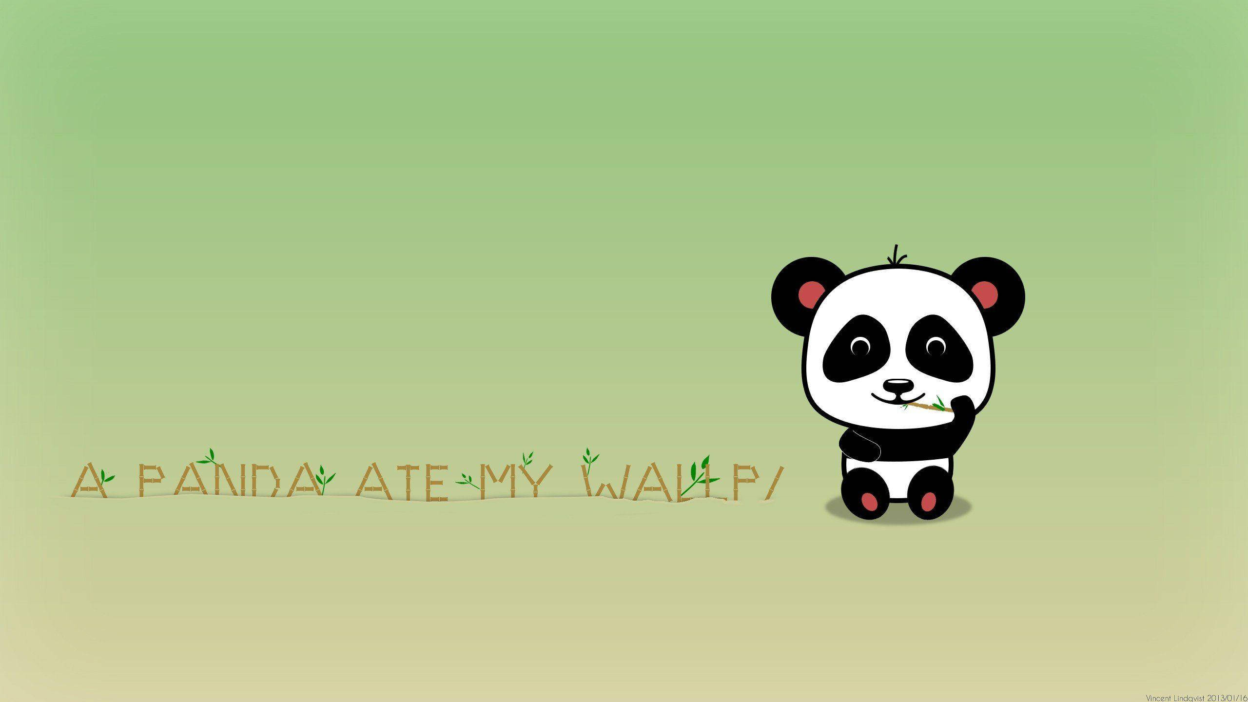熊貓 桌布 壁紙 — 一隻可愛的卡通熊貓拿著竹子，上面寫著「A PANDA ATE MY WALLPAPER」，背景是柔和的綠色漸變。