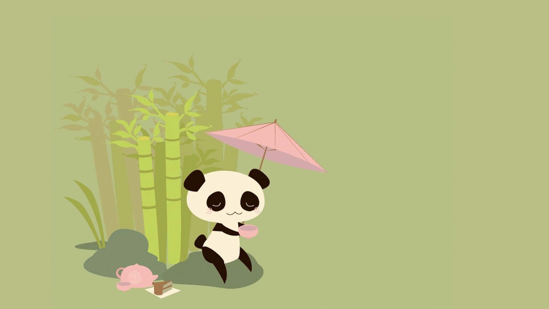 熊貓 桌布 壁紙 — 一隻可愛的卡通熊貓拿著粉紅色雨傘坐在竹子旁邊，地上有粉紅色茶壺和蛋糕。