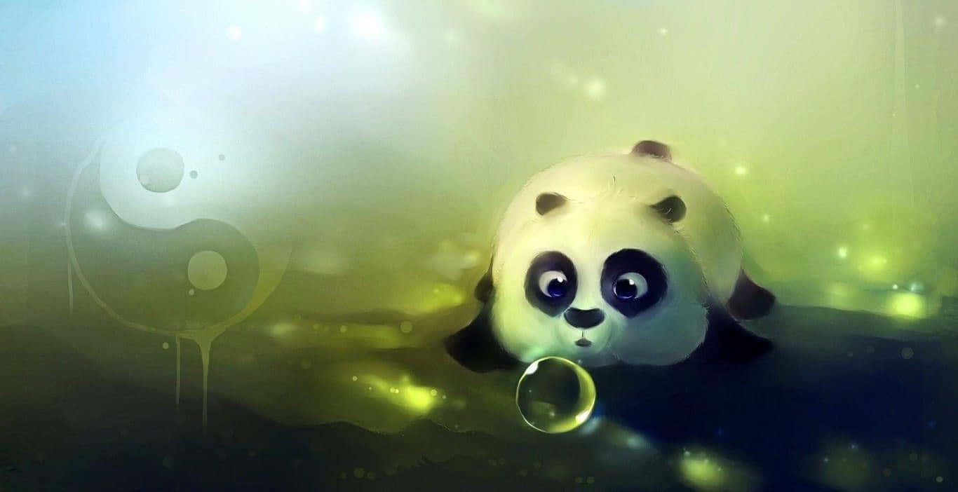 Girly Panda 桌布 壁紙 — 一隻可愛的卡通熊貓漂浮在發光的綠色迷霧中，手持一個背後有陰陽符號的泡泡。