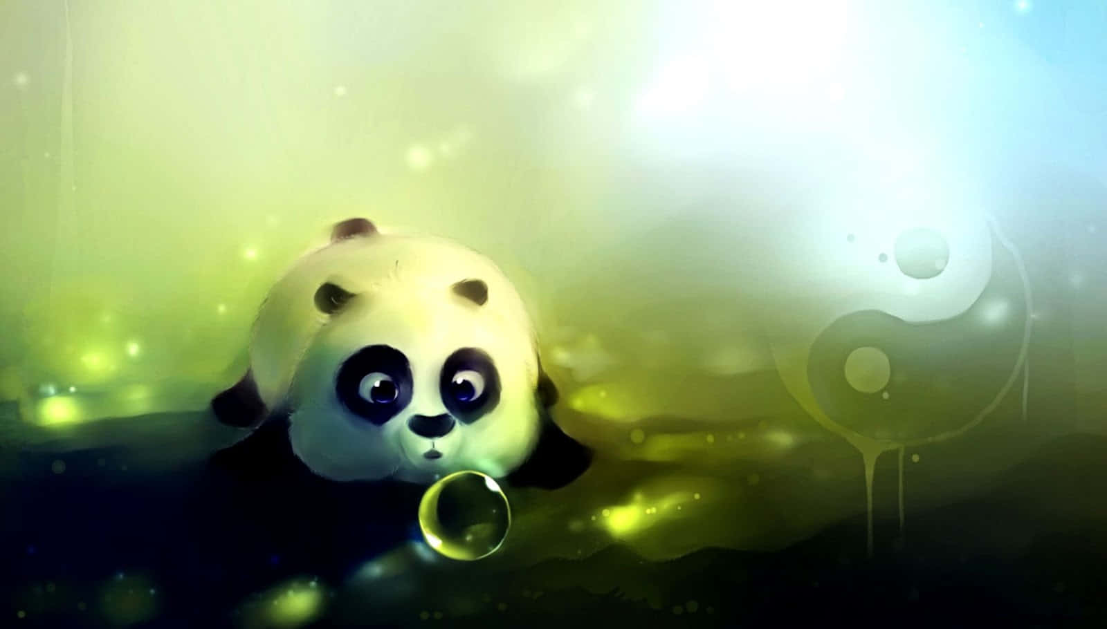 熊貓 桌布 壁紙 — 一隻可愛的卡通熊貓漂浮在發光的綠色和藍色迷霧中，手持一個帶有陰陽符號的泡泡。