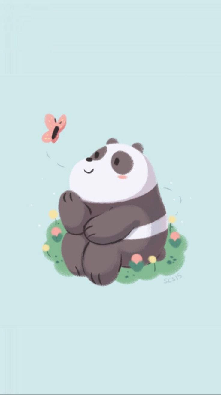 We Bare Bears Aesthetic 桌布 壁紙 — 一隻可愛的卡通熊貓盤腿坐在草地上，旁邊有一隻粉紅色蝴蝶在飛舞，背景是柔和的薄荷色。