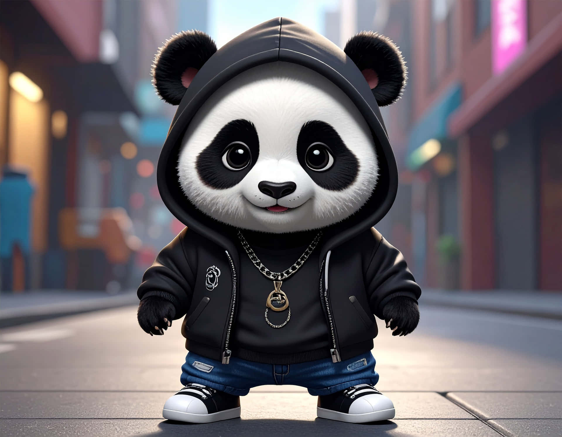 Cute Panda 壁紙 — 一隻可愛的卡通熊貓穿著黑色連帽衫和牛仔褲，站在城市人行道上，表情愉快。