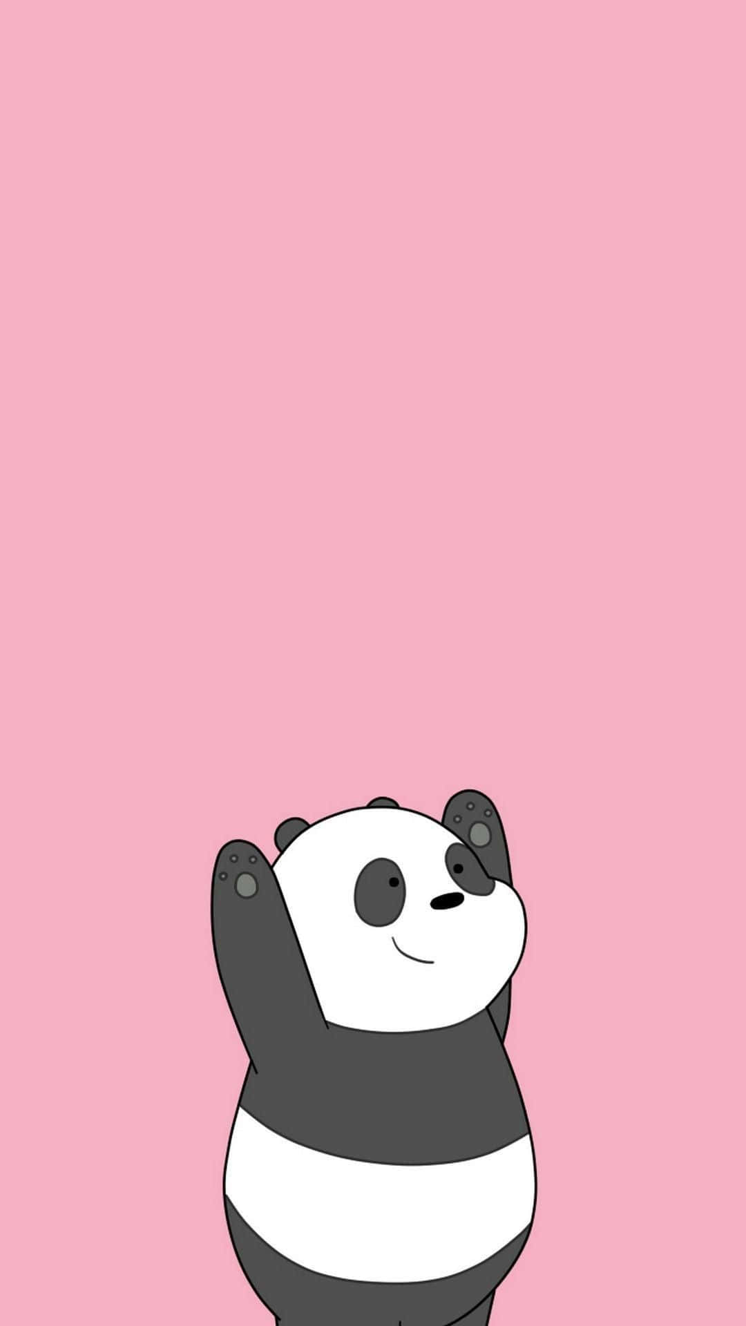 Girly Panda 桌布 壁紙 — 一隻可愛的卡通熊貓舉起雙臂，在純粉紅色背景上微笑。