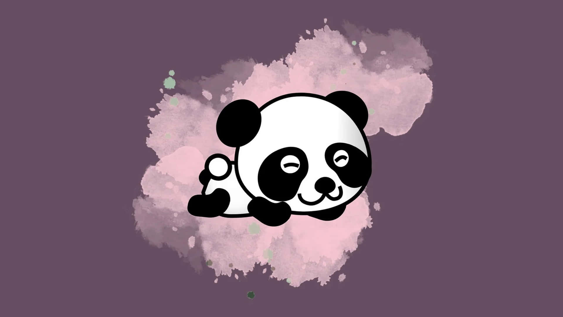 Cute Pixel Desktop 桌布 壁紙 — 一隻可愛的卡通熊貓閉著眼睛，在柔和的粉紅色水彩潑濺上休息，背景是柔和的紫色。
