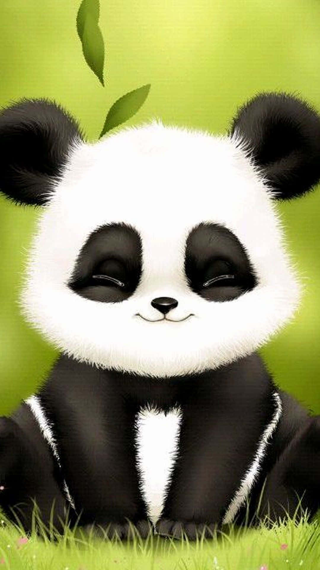 熊貓 桌布 壁紙 — 一隻可愛的卡通熊貓閉著眼睛坐在綠草上，樹葉在上方飄浮。