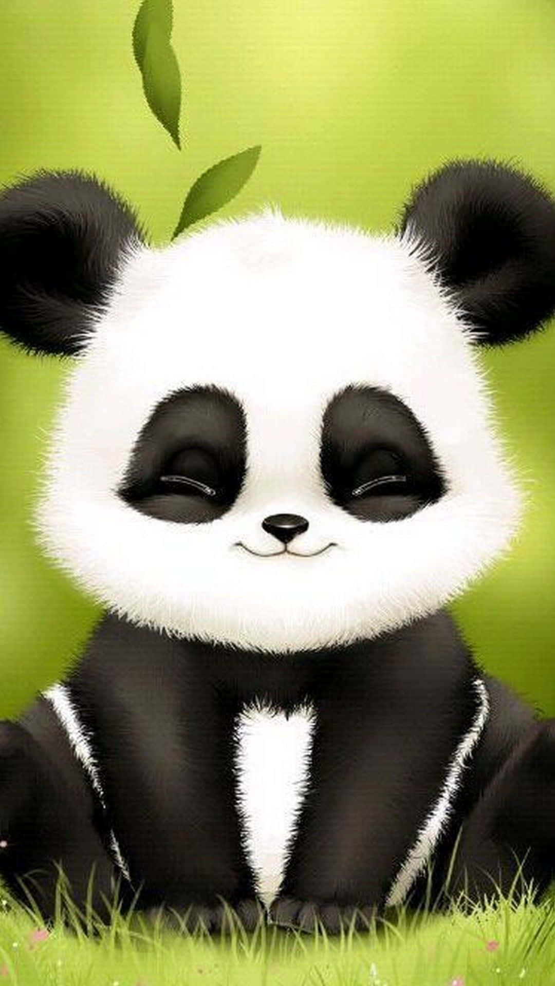熊貓 桌布 壁紙 — 一隻可愛的卡通熊貓閉著眼睛坐在草地上，周圍有綠葉飄落。