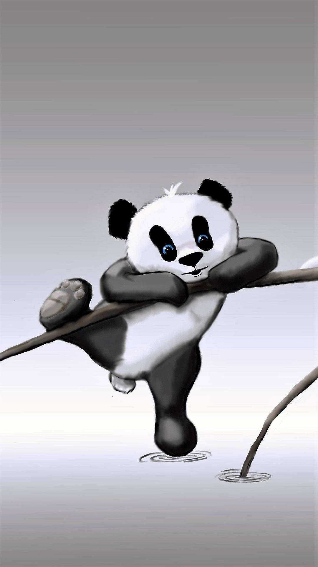 卡通熊貓掛在水面上方的樹枝上，有漣漪。