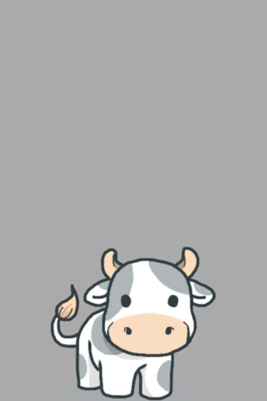 Kawaii Cute Cow 桌布 壁紙 — 一隻可愛的卡通牛，帶有灰色和白色的斑點，站在純灰色背景前。
