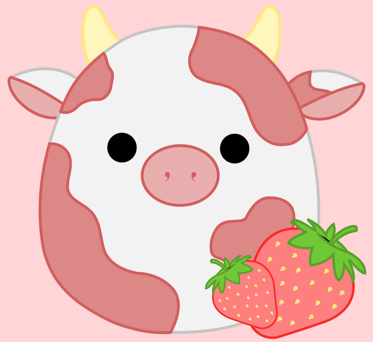 Strawberry Cow 桌布 壁紙 — 一隻可愛的卡通牛，帶有粉紅色斑點，在柔和的粉紅色背景上拿著兩顆草莓。