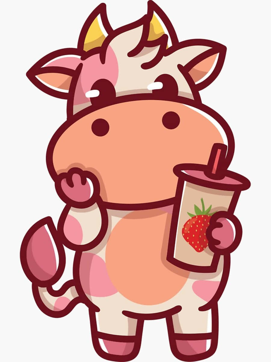 Kawaii Strawberry Cow 桌布 壁紙 — 一隻可愛的卡通牛，帶有粉紅色斑點，拿著一杯草莓奶昔杯，開心地揮手。