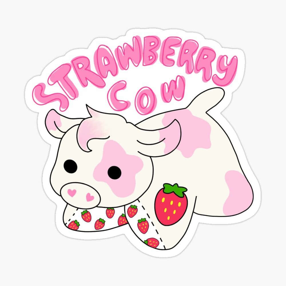 Strawberry Cow 桌布 壁紙 — 一隻可愛的卡通牛，帶有粉紅色斑點和草莓圖案圍巾，下方有「STRAWBERRY COW」文字。