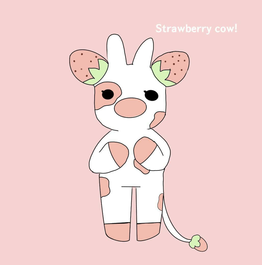 Strawberry Cow 桌布 壁紙 — 一隻可愛的卡通牛，帶有草莓主題的耳朵和尾巴，站在柔和的粉紅色背景前。