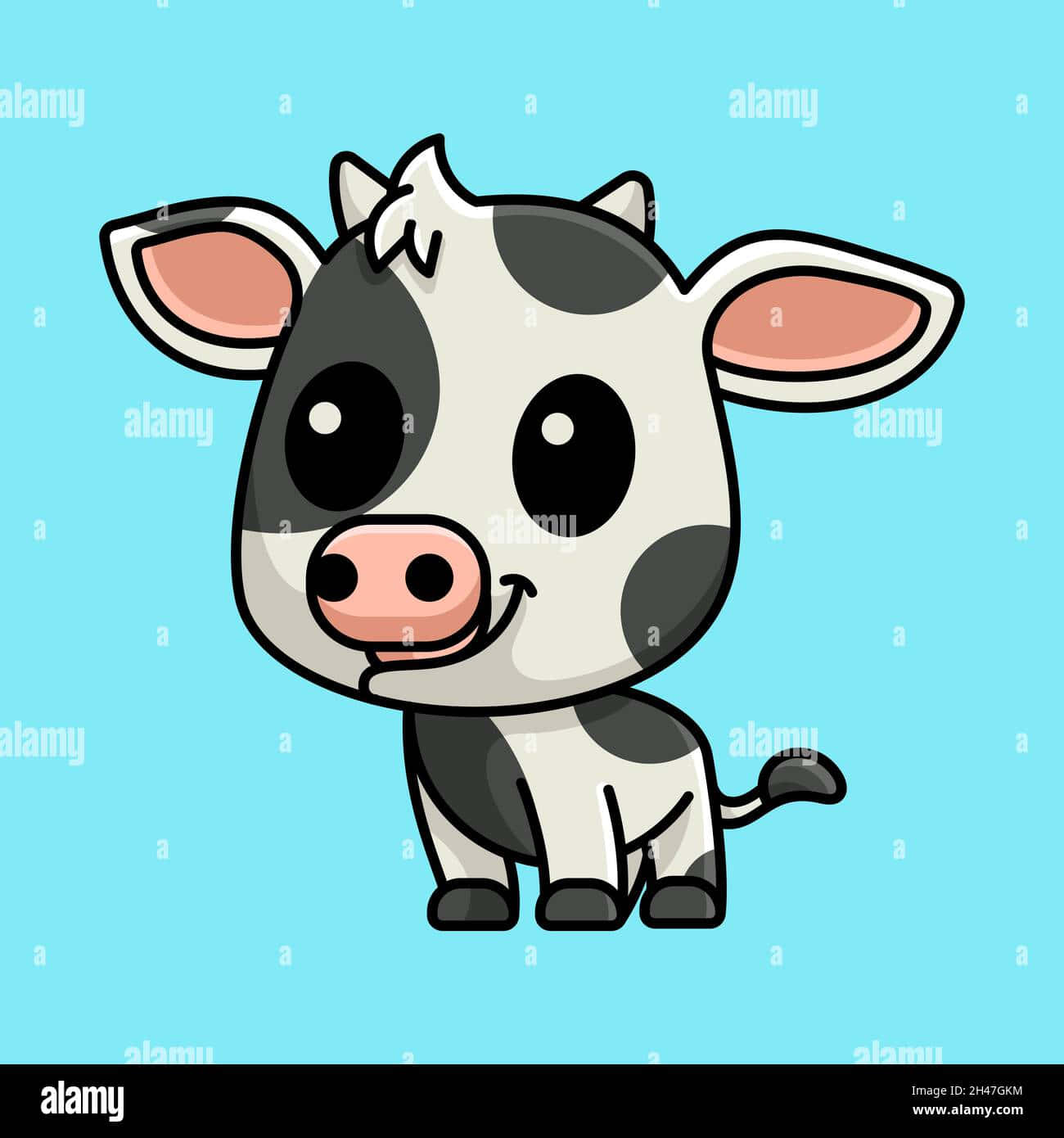 Kawaii Cow 桌布 壁紙 — 一隻可愛的卡通牛，帶有黑白斑點，在純淺藍色背景上微笑。