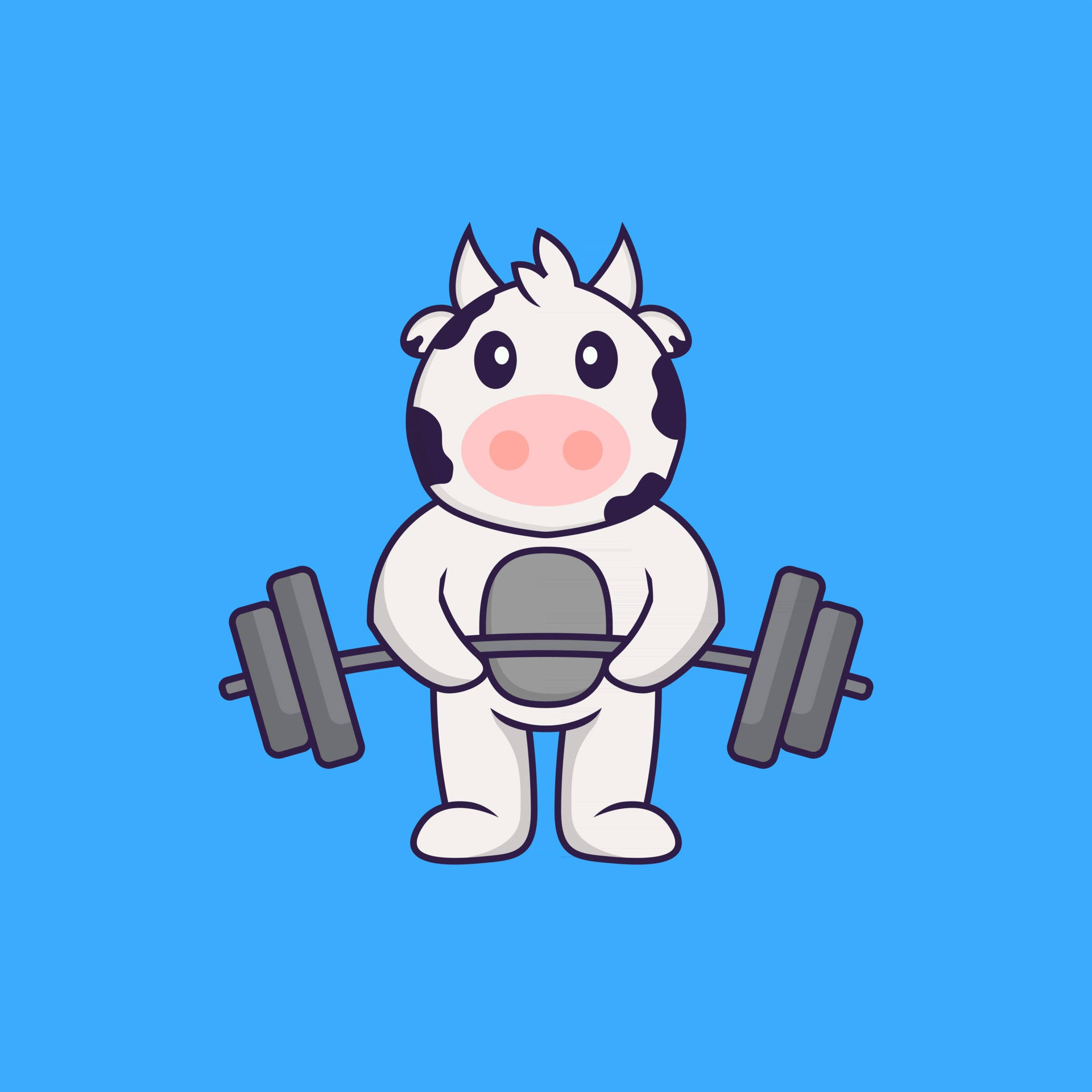 Barbell 桌布 壁紙 — 一隻可愛的卡通牛，帶有黑色斑點，在純藍色背景上舉起灰色槓鈴。