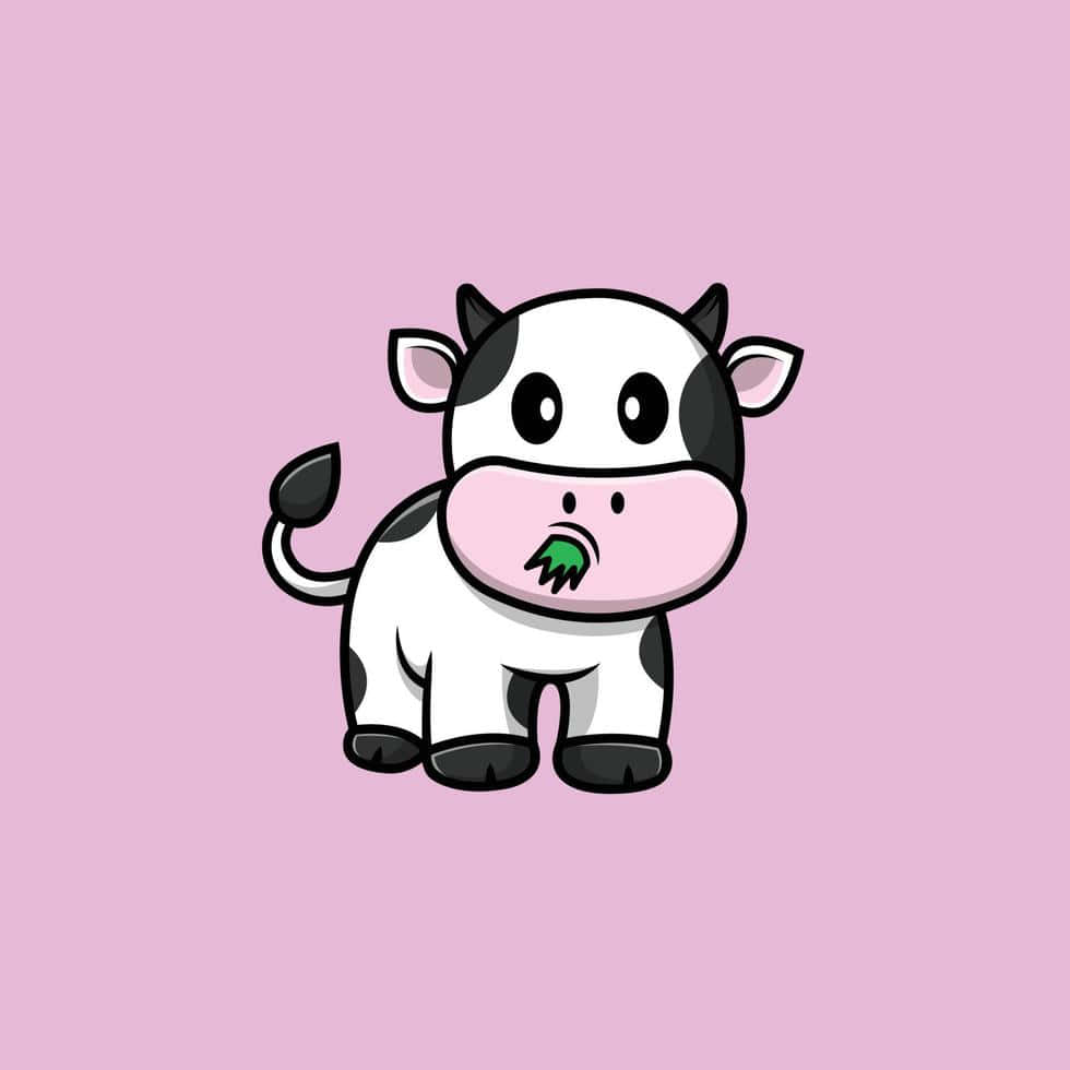 Cartoon Cow 桌布 壁紙 — 一隻可愛的卡通牛，帶有黑色斑點，在柔和的粉紅色背景前咀嚼草。