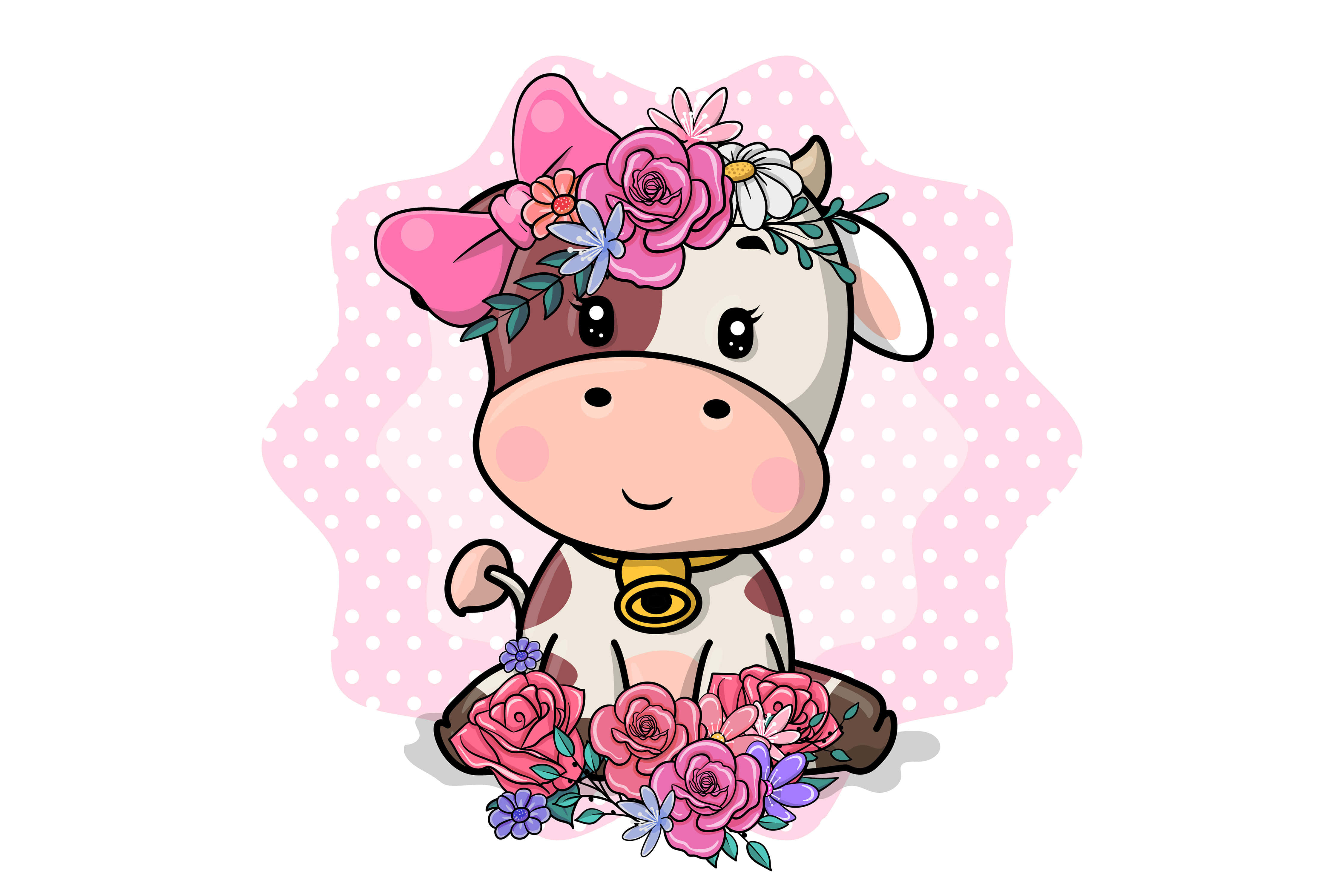 Cartoon Cow 桌布 壁紙 — 一隻可愛的卡通牛，戴著粉紅色蝴蝶結和花冠，坐在圓點背景上，周圍環繞著粉紅玫瑰。