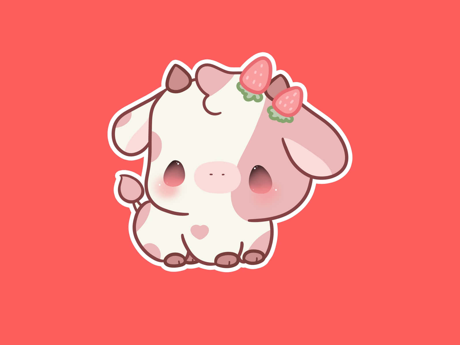 Strawberry Cow 桌布 壁紙 — 一隻可愛的卡通牛，戴著草莓髮夾，坐在純珊瑚色背景前。