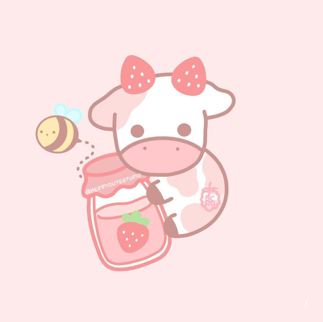 Kawaii Cow 桌布 壁紙 — 一隻可愛的卡通牛，擁有草莓耳朵，拿著一瓶草莓果醬，旁邊有一隻蜜蜂在嗡嗡叫，背景是柔和的粉紅色。